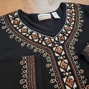 Alfred Dunner Black Beaded & Embroidered Top Gold Bronze V-Neck 3/4 Sleeves